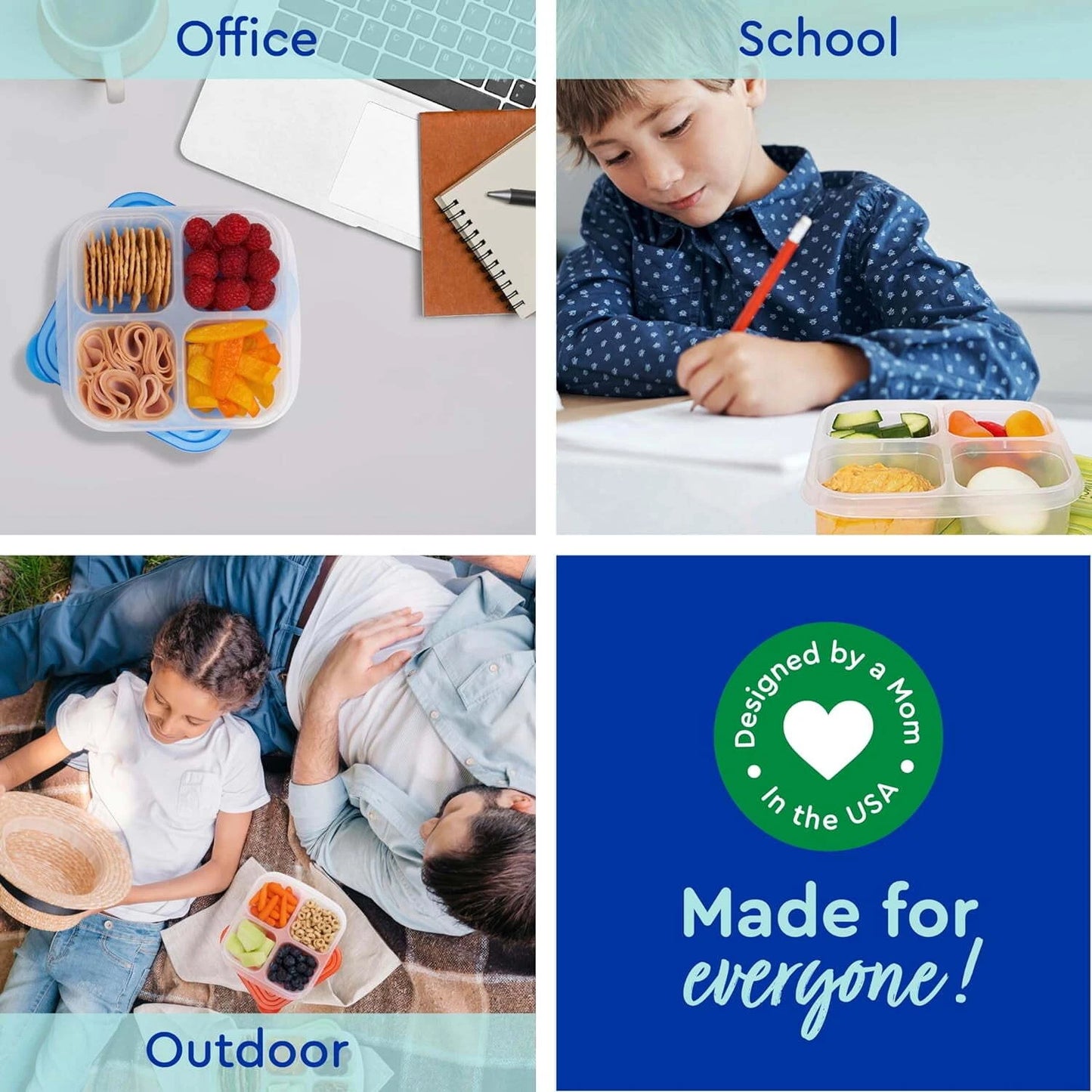 Bento Snack Boxes - Reusable 4-Compartment Food Containers for School/Work- BLUE