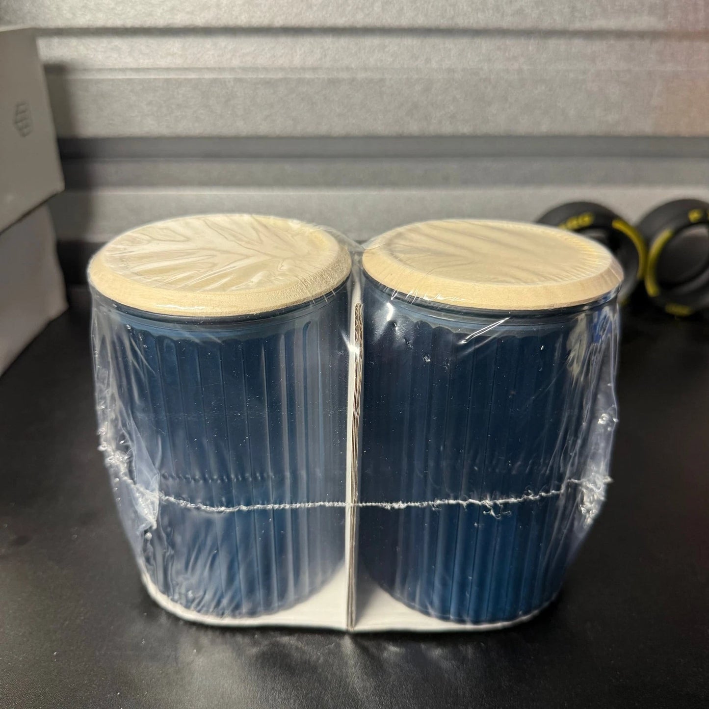 Small Clear Dark Blue Ribbed Glass Storage Jars 2pk