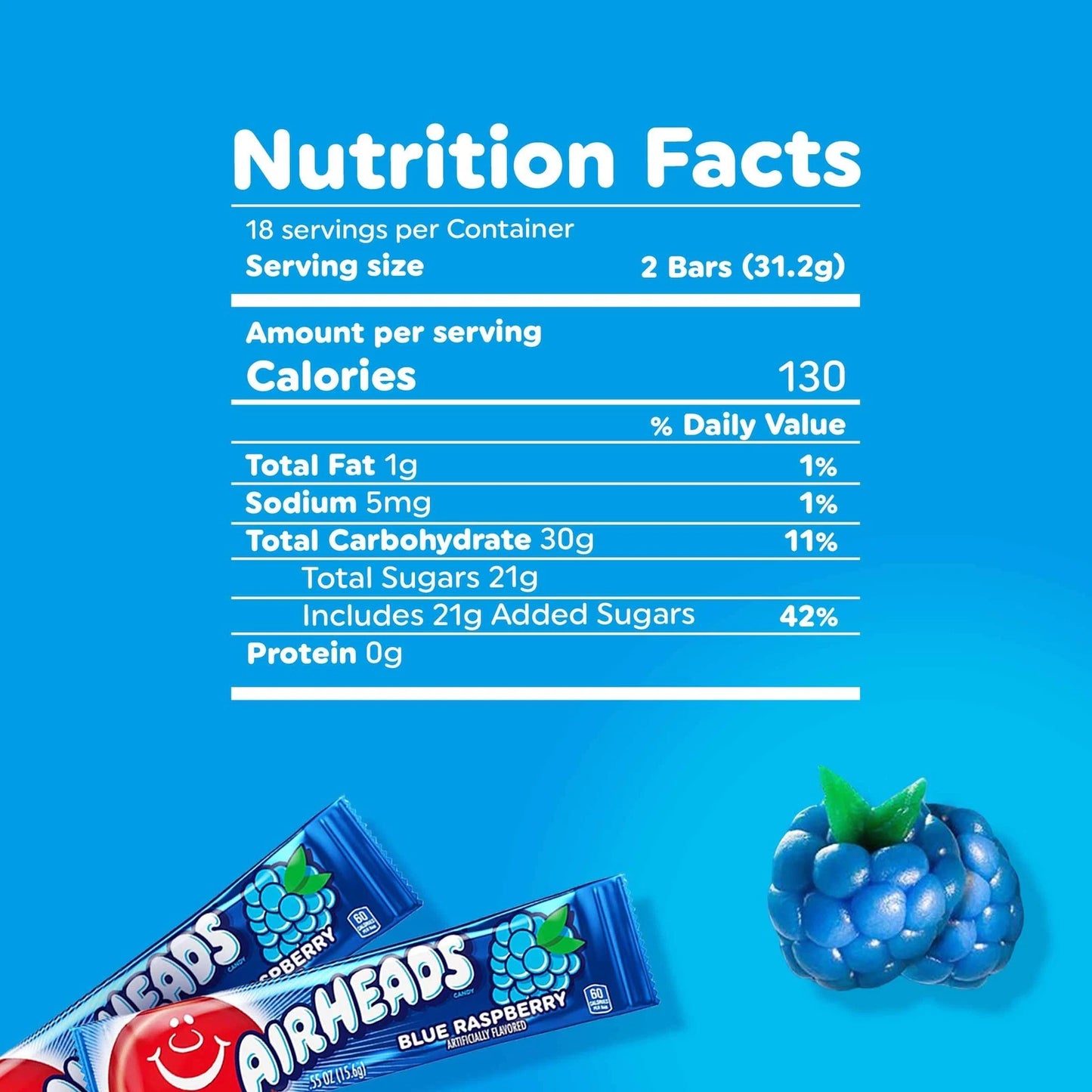 Airheads Blue Raspberry Candy Pack 36 Individually Wrapped Chewy Treats